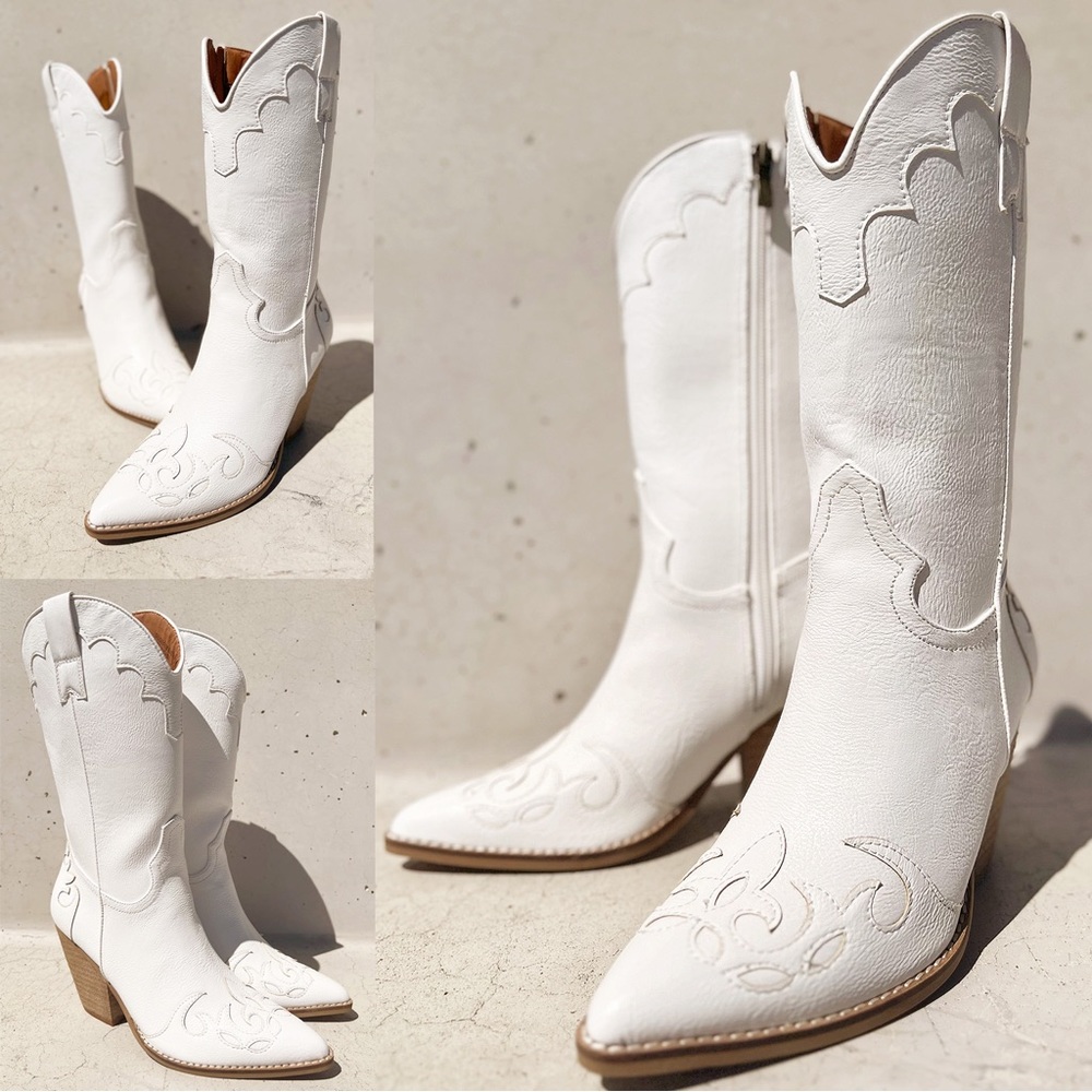 NEW White Western Cowgirl Cutout Applique Pointy Toe Block Heel Mid Calf Boots - Picture 4 of 12